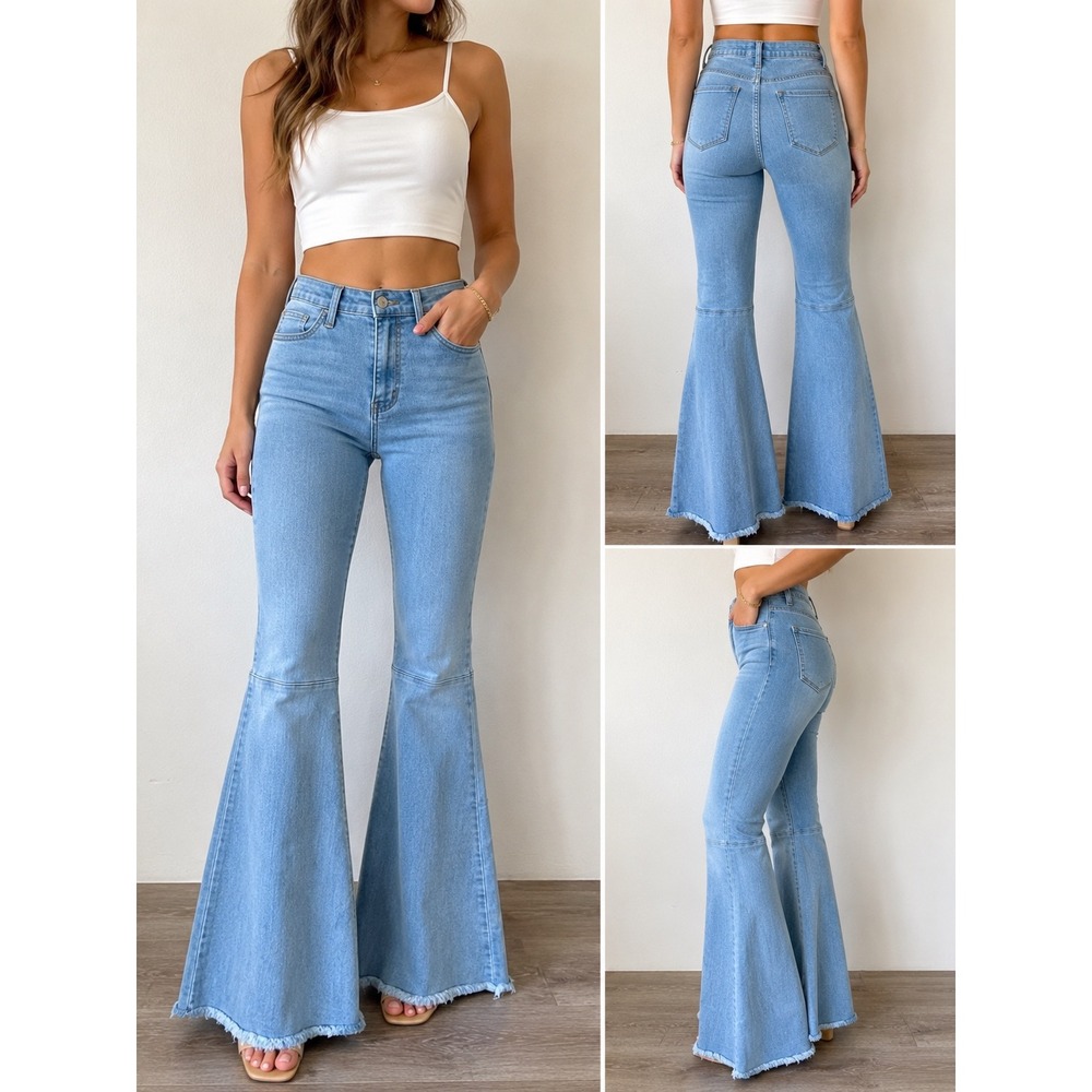 Judy Blue High Waist Extreme Flare Bell Bottom Jeans Light Wash Raw Hem